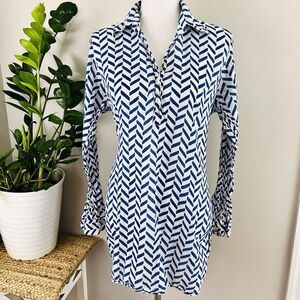 Tuckernuck Oliphant Blue & White Geometric Lightweight Coastal Tunic Blouse XL